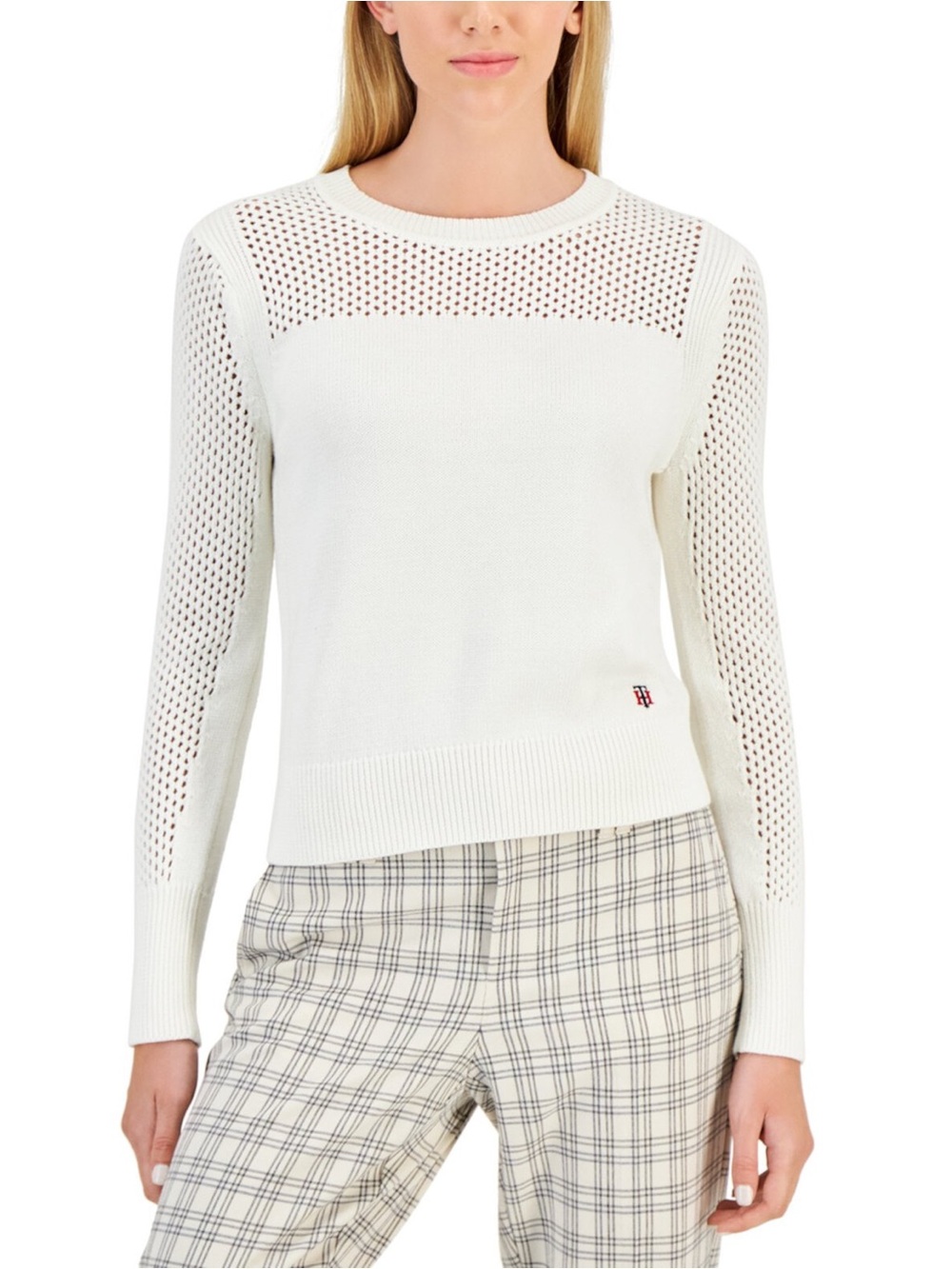 Tommy Hilfiger White Pointelle Crewneck Sweater